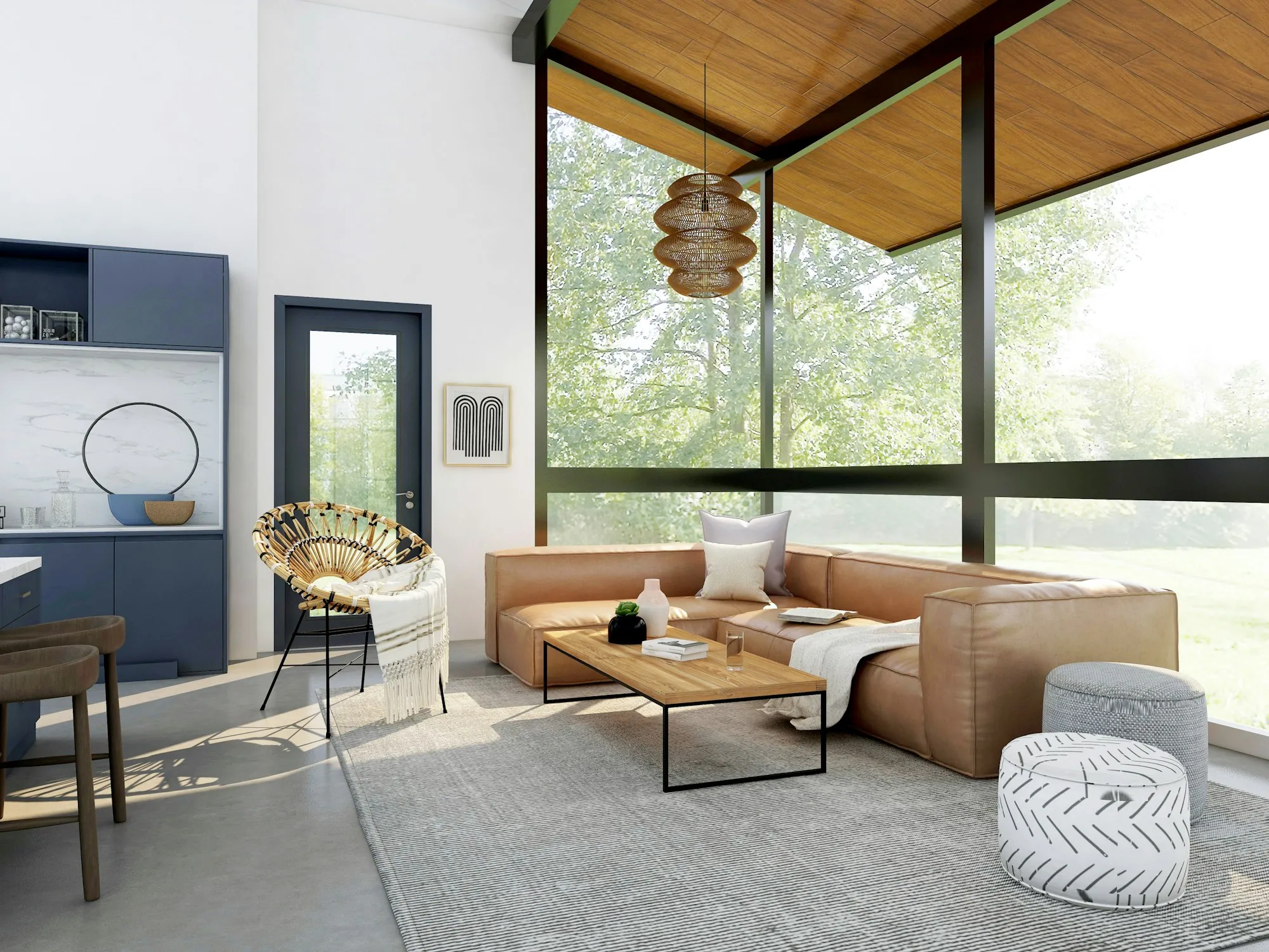 Bright living room with tall windows, a vaulted wood ceiling and a leather sectional