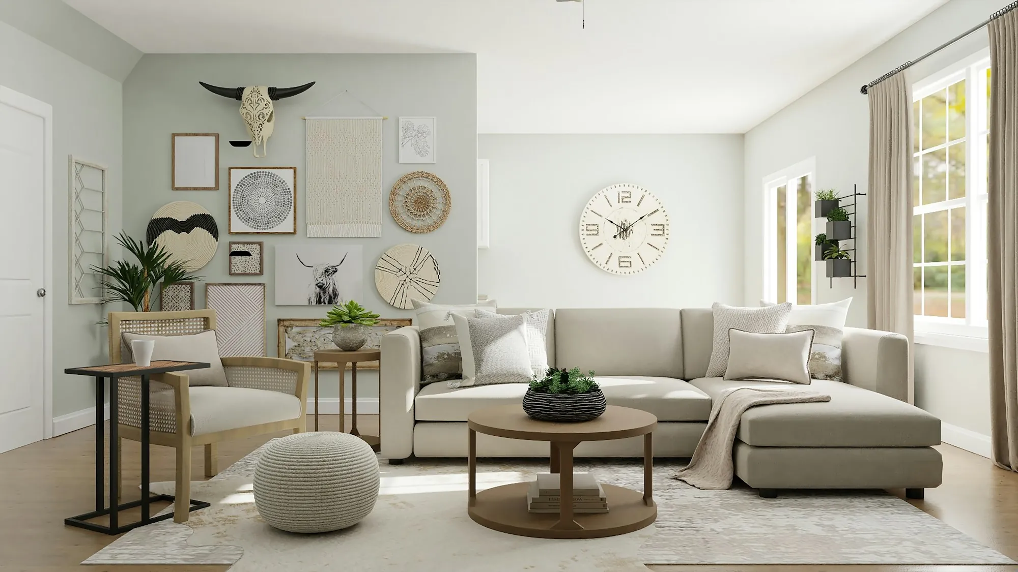 Neutral living room with a sectional sofa, round coffee table and gallery wall